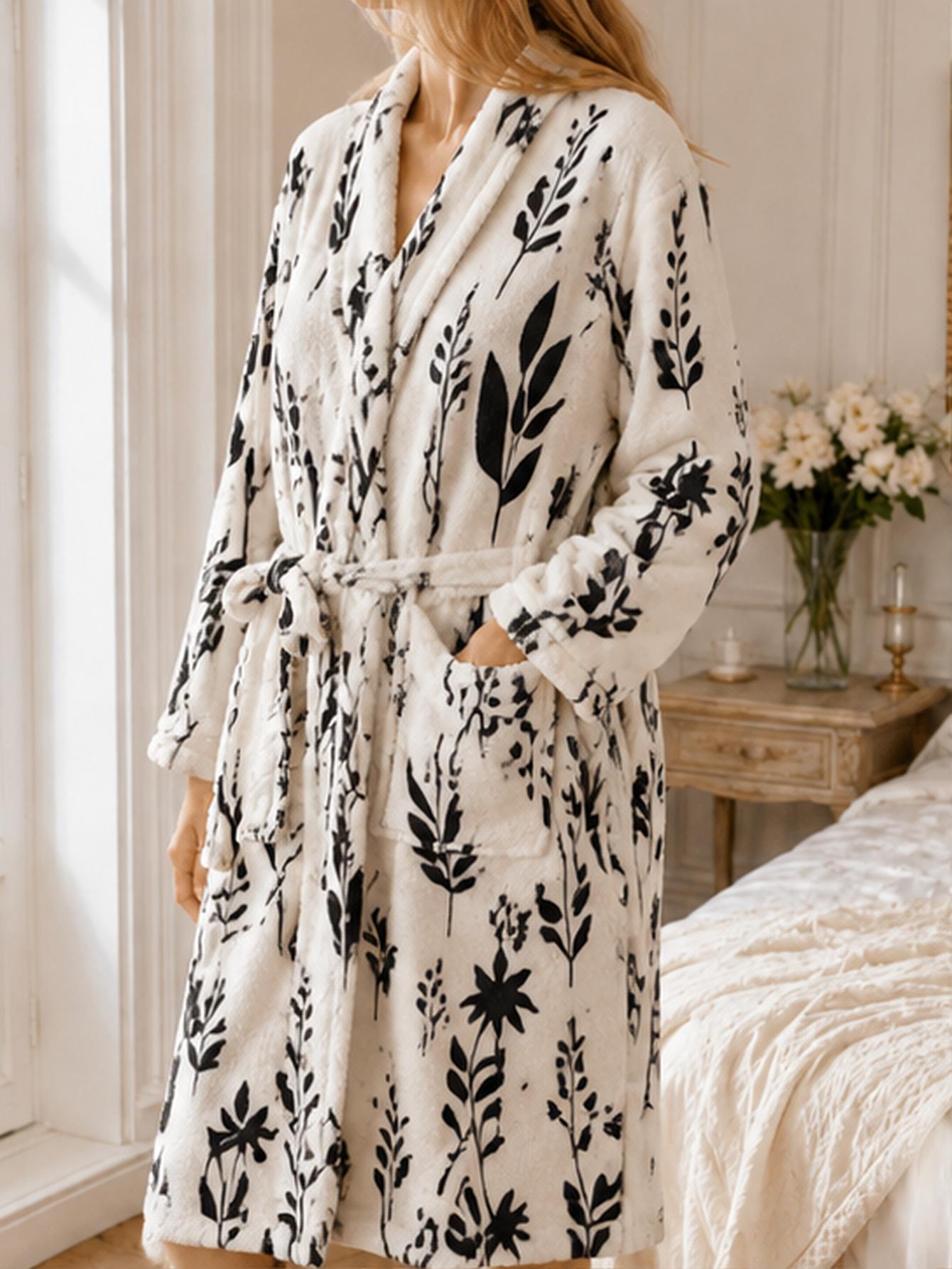 Bathrobe - Damen-Bademantel in Übergröße, schwarz, mit Blattmuster,